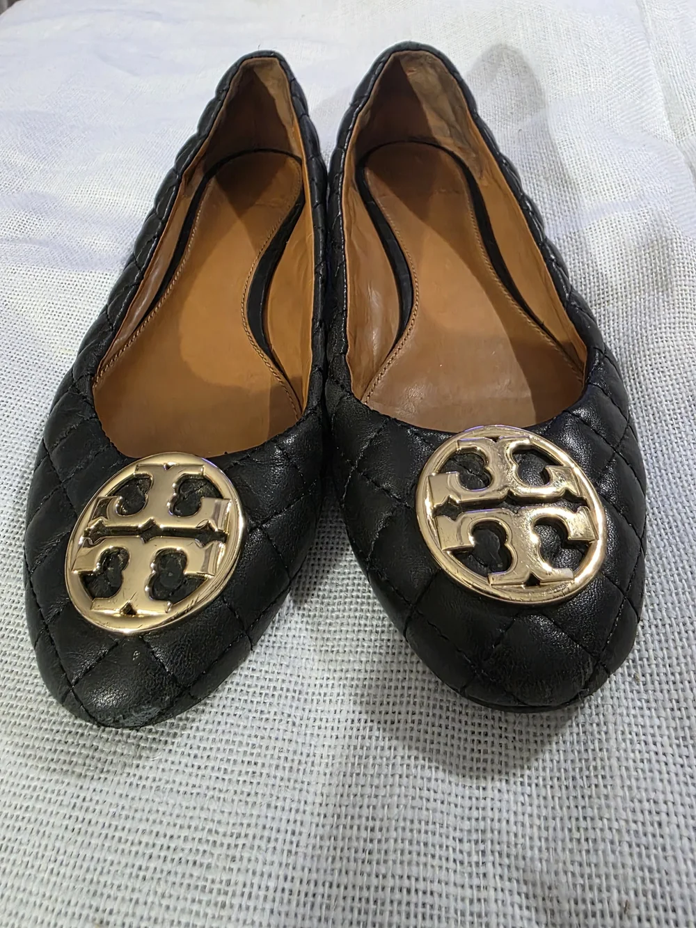 Tory Burch Reva Black Quilted Leather Ballet Flats Gold Logo Size 9.5